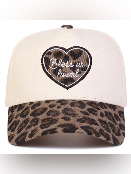 None Accessories - LEOPARD Print Heart "Bless ur heart" Baseball Cap - Cream & Brown